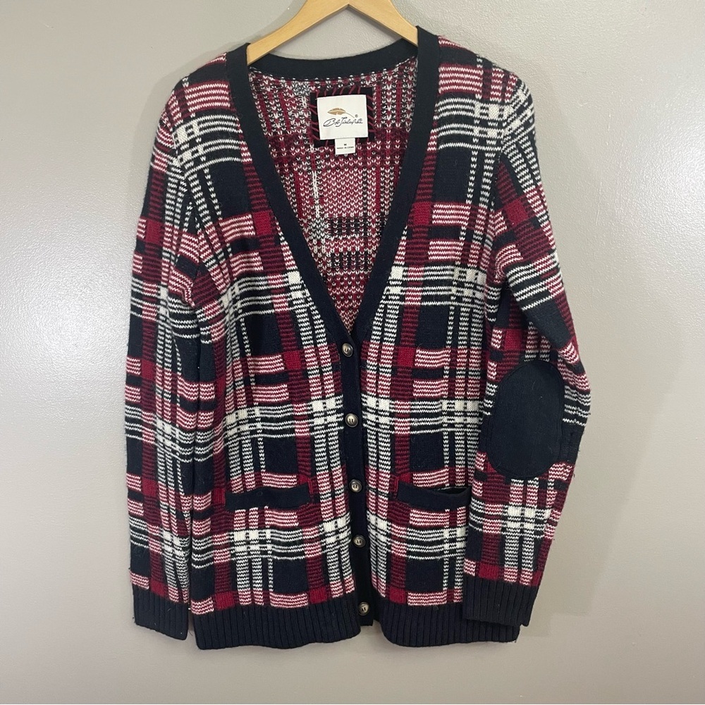 Bob Timberlake Vintage 94% Wool Black Red Plaid Button Down Cardigan Sweater Med